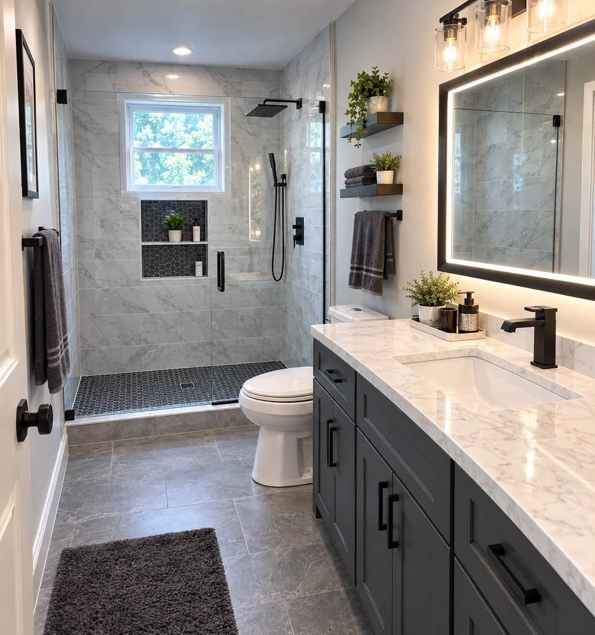 After: modern grey bathroom with walk-in shower