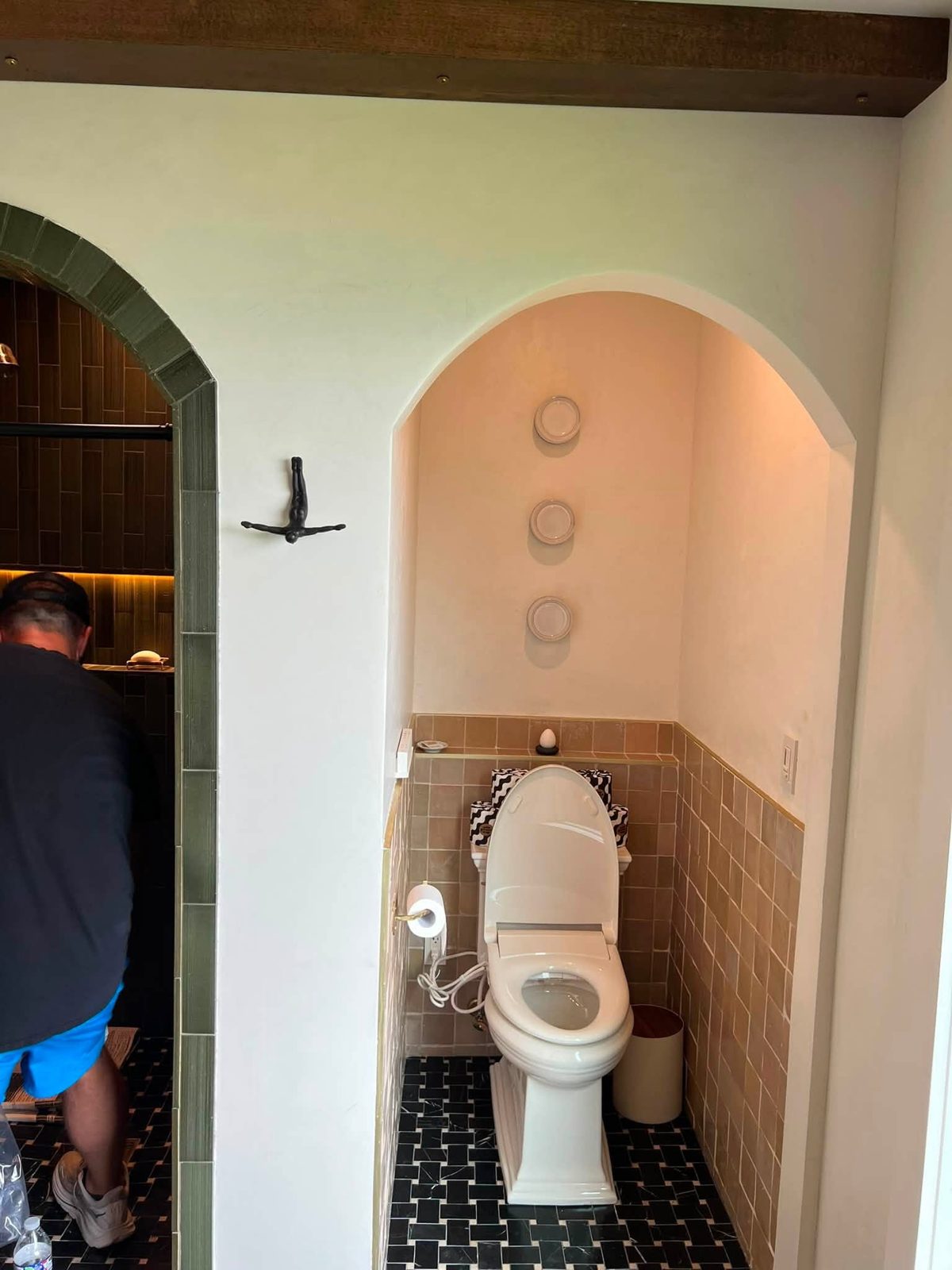Finished arched water closet with zellige tile